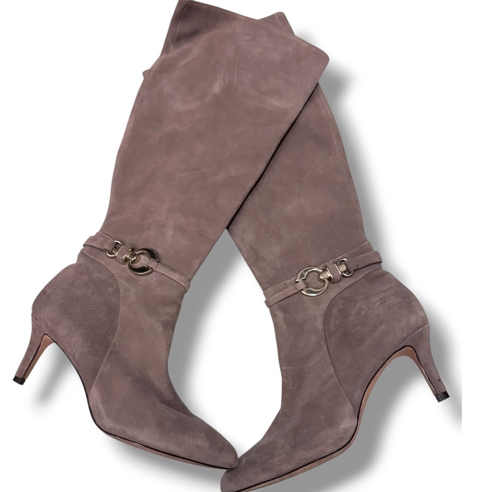 Antonio Melani Taupe Suede Knee High Boots with Gold Buckle Accent Size 6M